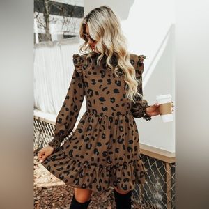 CUPSHE Leopard Print Mock Neck Ruffle Long Sleeve Tiered Dress - Size Large